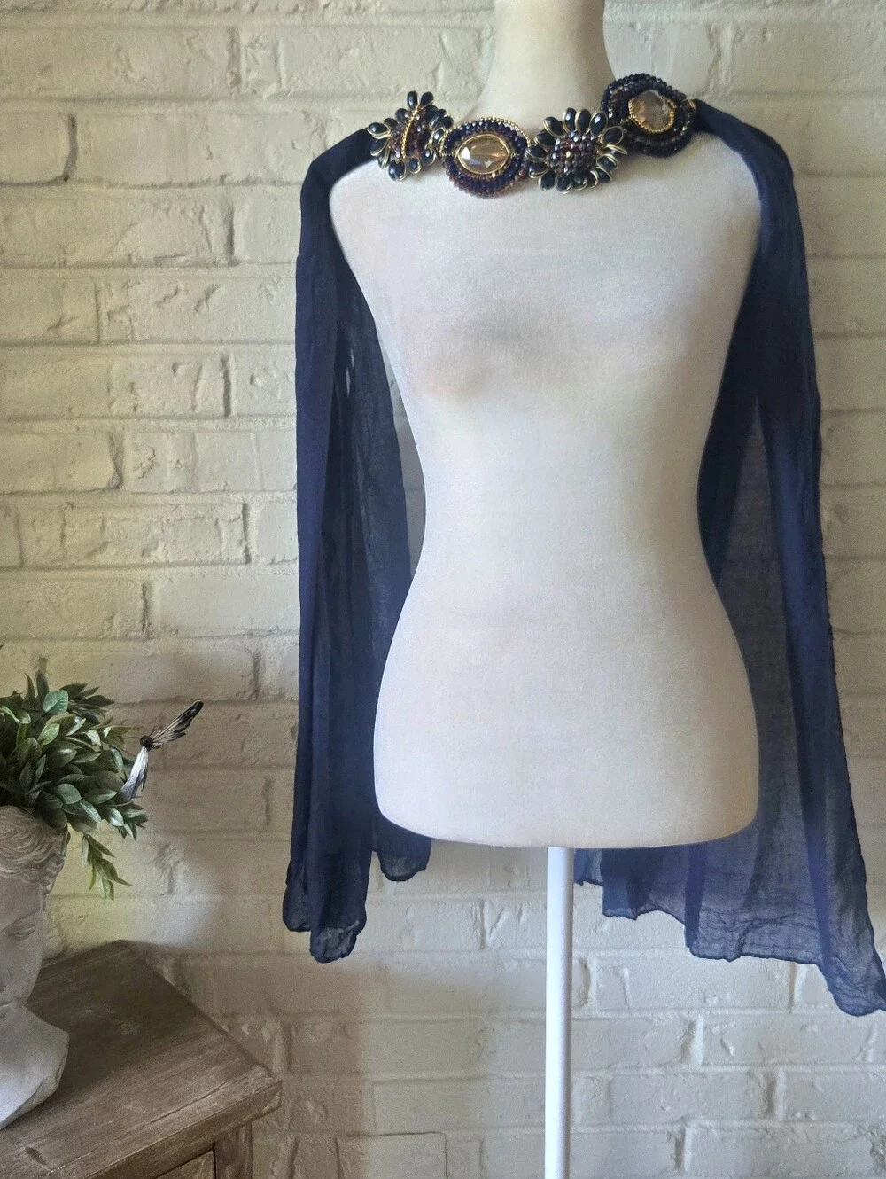 Vtg 80s 90s Flowy Faceted Jewel Embellished Neck Scarf, Party, Formal, Navy